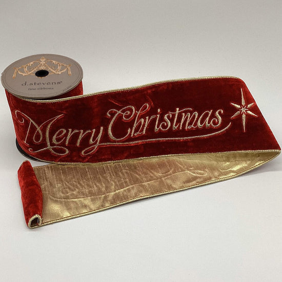 Merry Christmas Embroidered on Red Velvet with Gold Back Ribbon - My Christmas