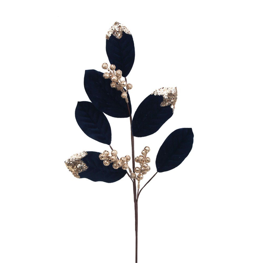 Midnight Blue Velvet Leaf with Champagne Glitter Berries Spray - My Christmas