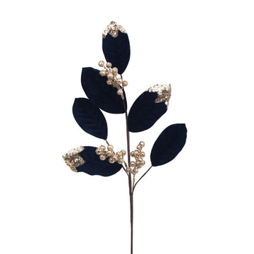 Midnight Blue Velvet Leaf with Champagne Glitter Berries Spray - My Christmas
