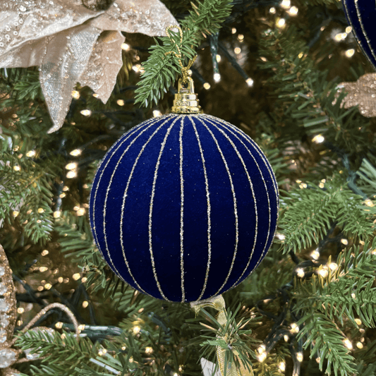 Midnight Blue Velvet Striped Bauble - My Christmas