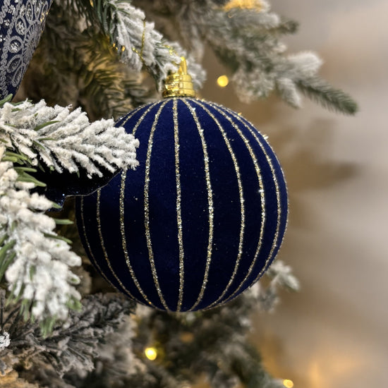 Midnight Blue Velvet Striped Bauble - My Christmas