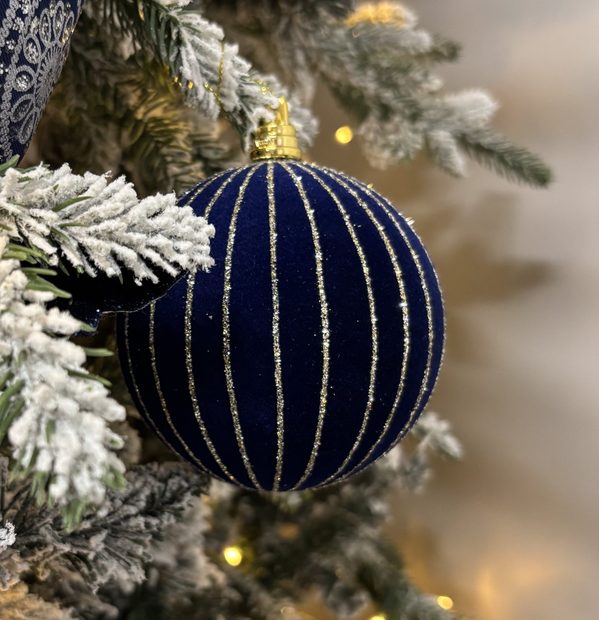 Midnight Blue Velvet Striped Bauble - My Christmas