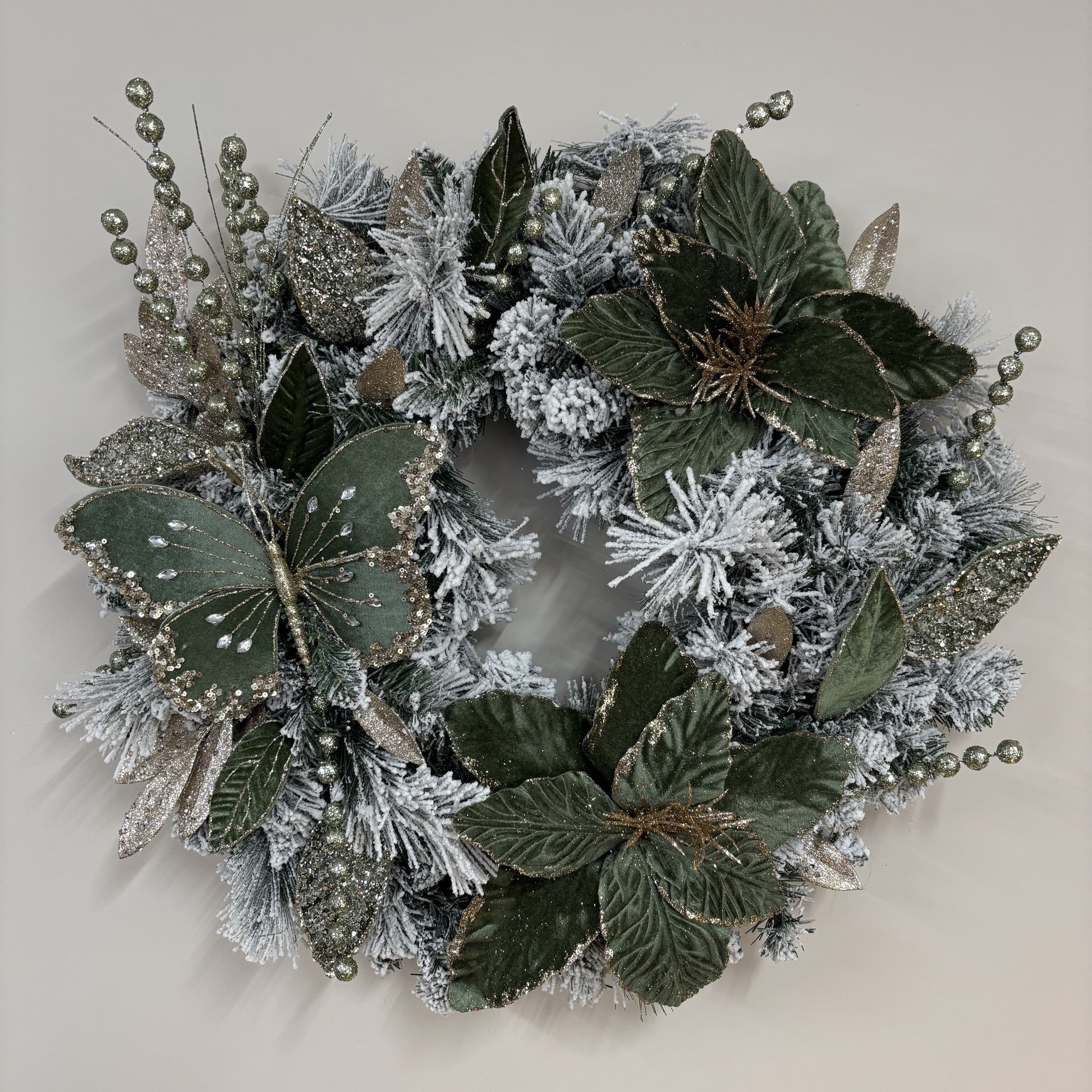 Moss and Pine Flocked Wreath with Butterfly - 60cm - My Christmas