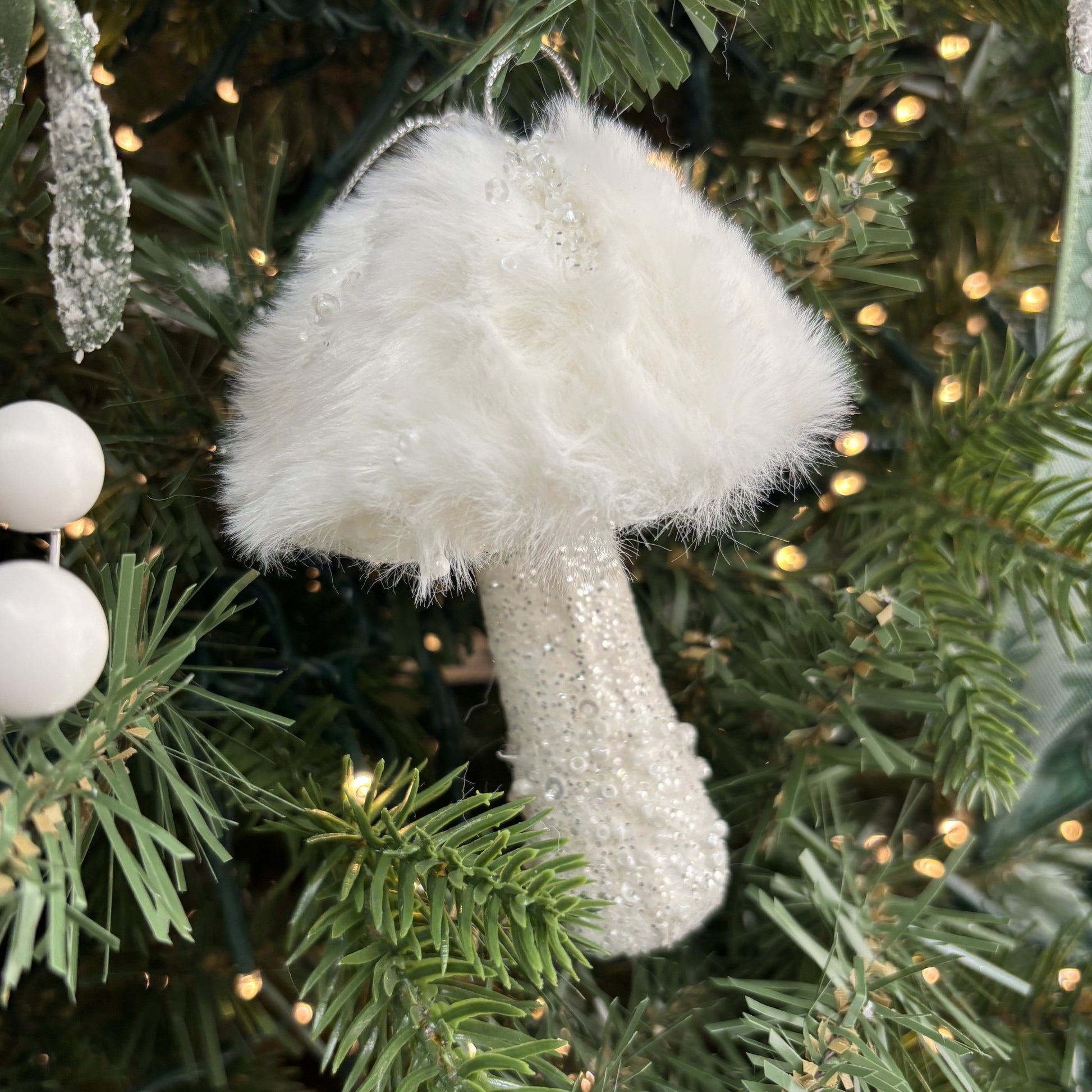 Mushroom Glitter Ornament - White - My Christmas