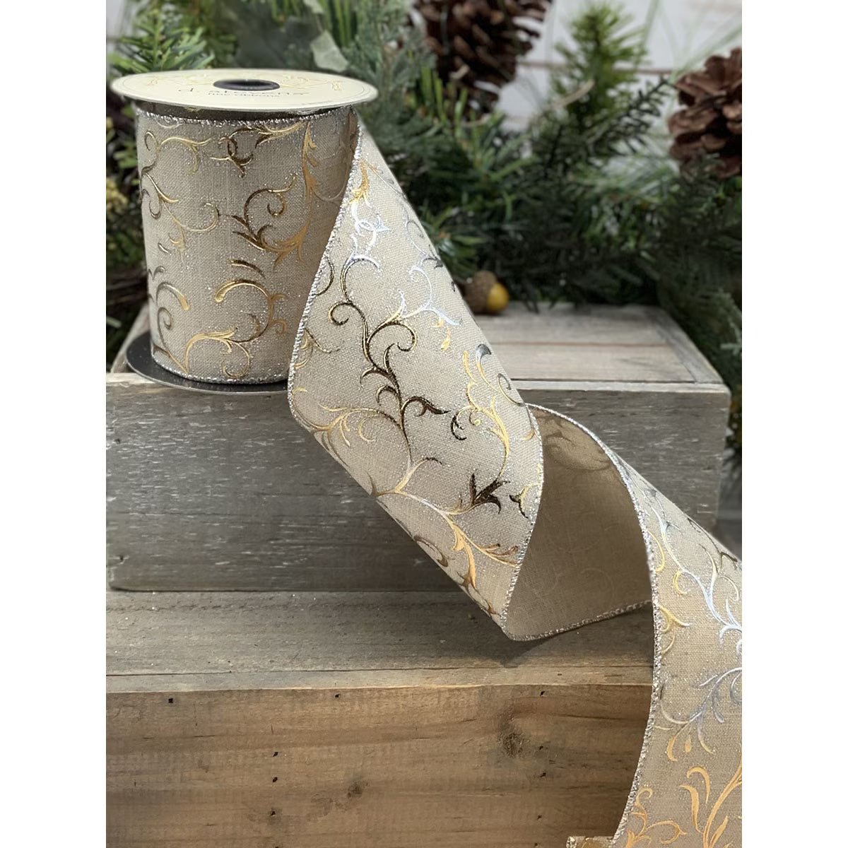 Natural, Gold and Silver Faux Linen Metallic Swirls Ribbon - My Christmas