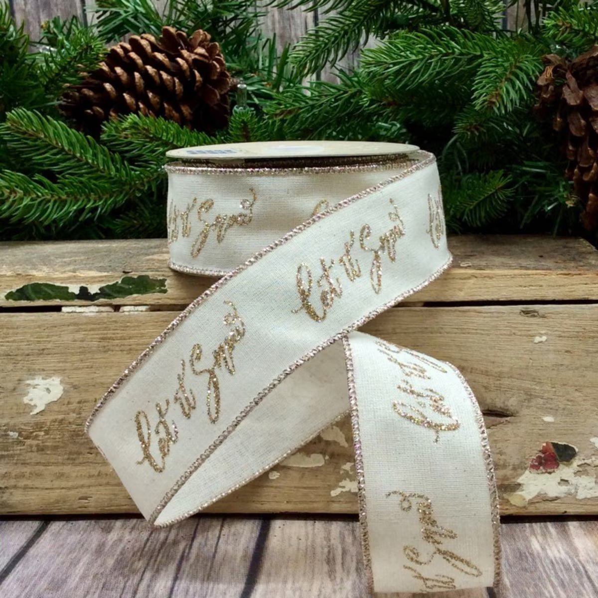 Natural Ivory and Platinum Glitter Let it Snow Cotton Linen Ribbon - My Christmas