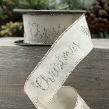 Natural Ivory and Platinum Glitter Merry Christmas Cotton Linen Ribbon - My Christmas