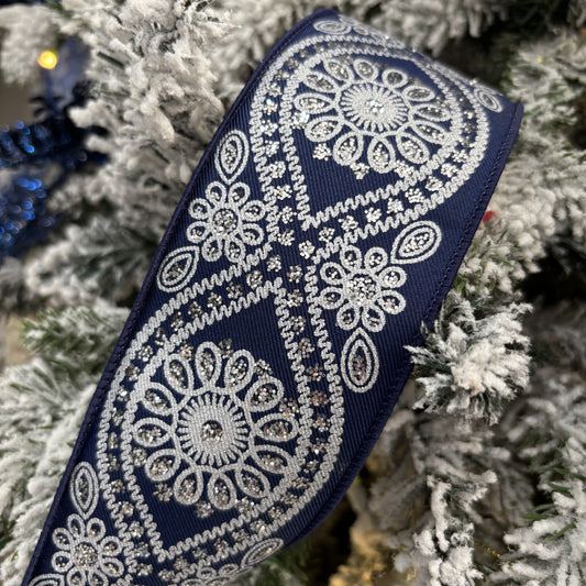 Navy Blue and Silver Wavy Floral Ribbon - My Christmas