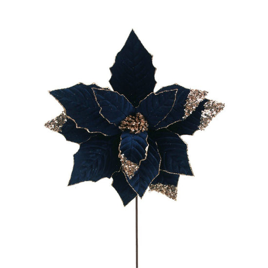 Navy Blue Velvet Poinsettia with Glitter Details - My Christmas