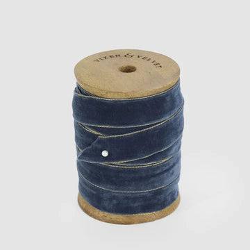 Navy Blue Velvet Ribbon Roll with Gold Trim - My Christmas