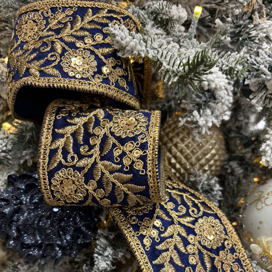 Navy Dupion Floral Trim Ribbon - My Christmas