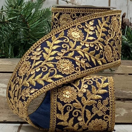 Navy Dupion Floral Trim Ribbon - My Christmas