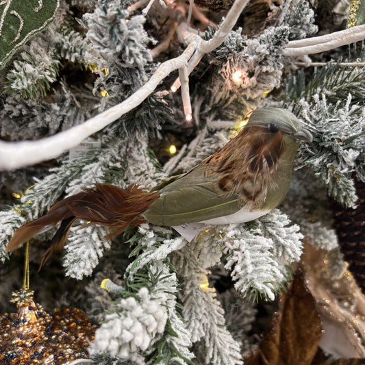 Olive Feather Clip Bird - My Christmas