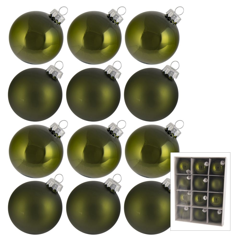 Olive Glass Baubles - 6cm - Box of 12 - My Christmas