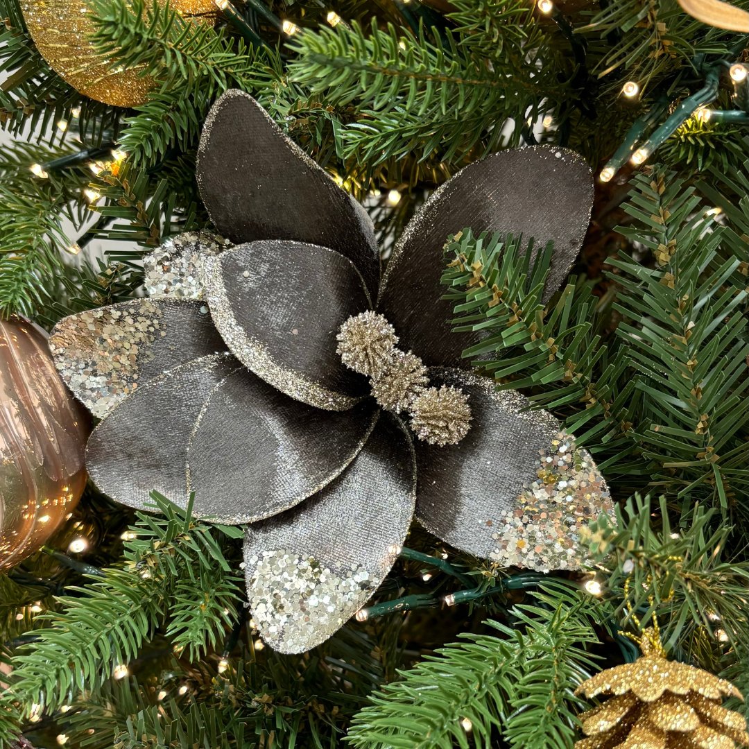 Pewter Brown Glitter Poinsettia with Clip - My Christmas