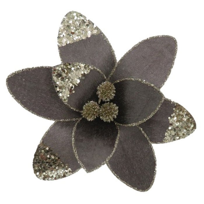 Pewter Brown Glitter Poinsettia with Clip - My Christmas