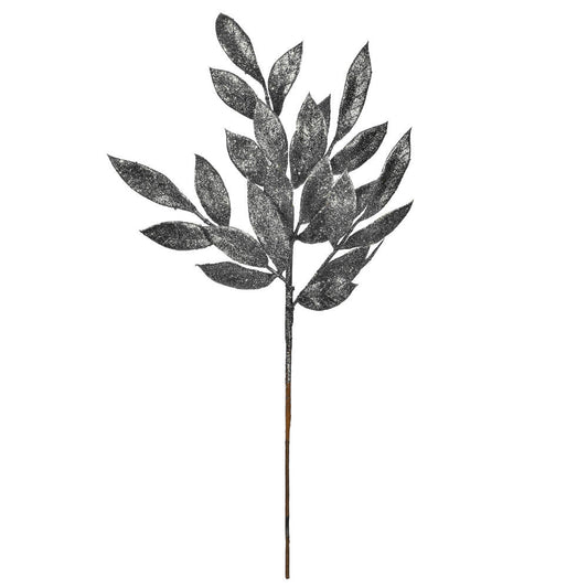 Pewter Glitter Bay Leaf Spray - My Christmas