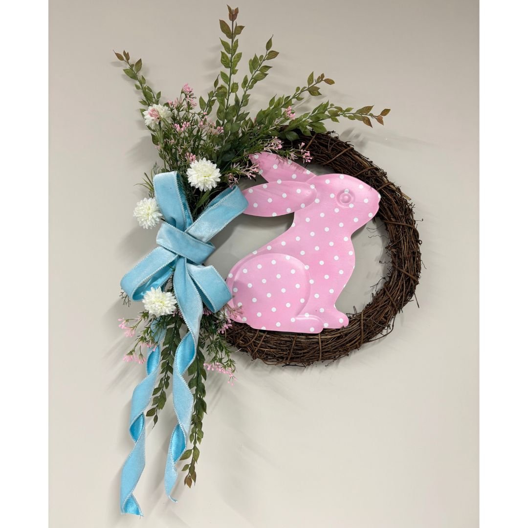 Pink and White Metal Sitting Bunny Sign - My Christmas
