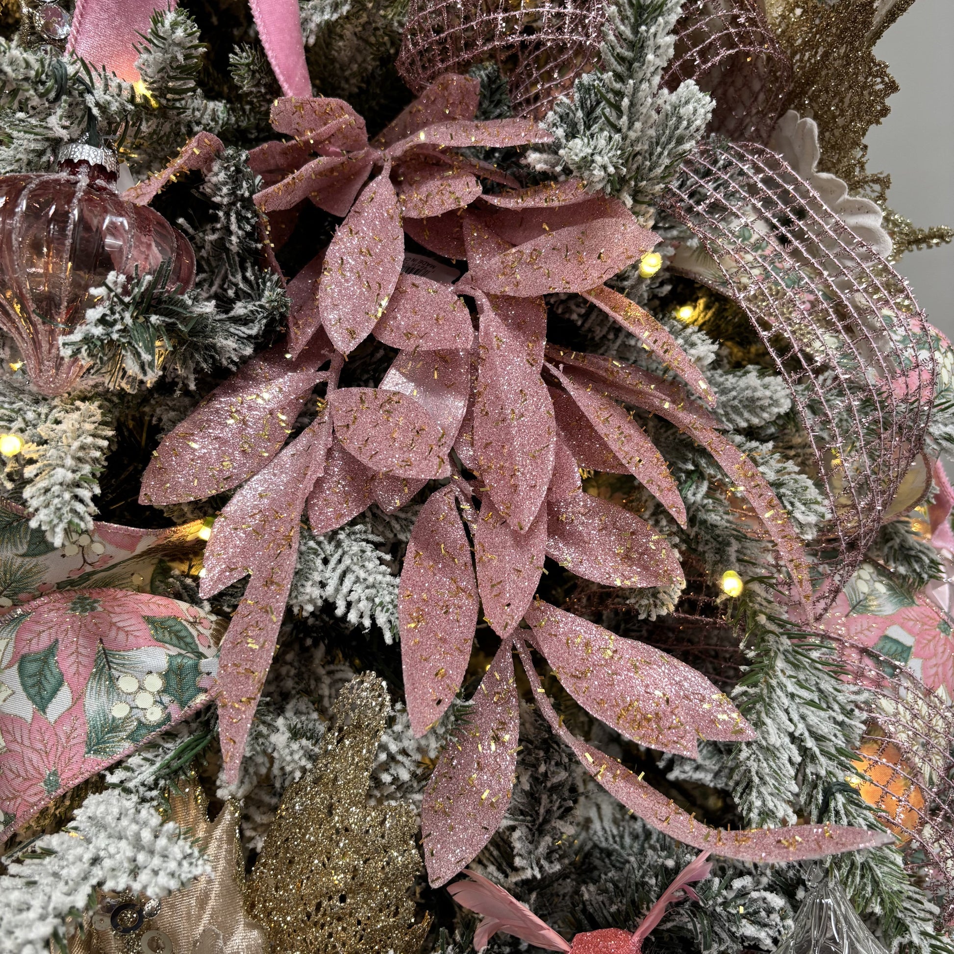 Pink Glitter Bay Leaf Spray - My Christmas