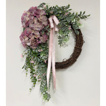 Pink Hydrangea Wreath with Bow - My Christmas