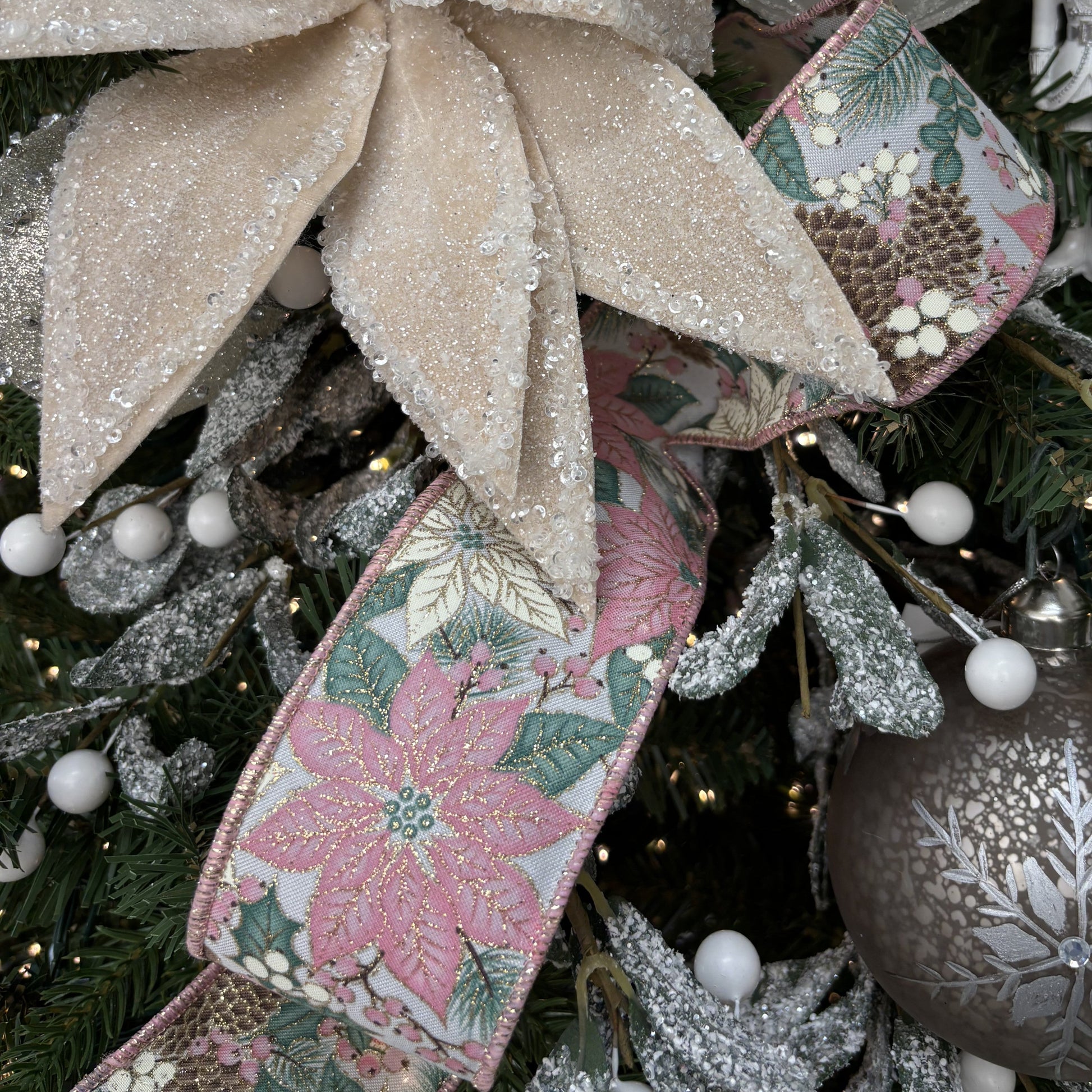 Pink Poinsettia and Pinecone Ribbon - My Christmas