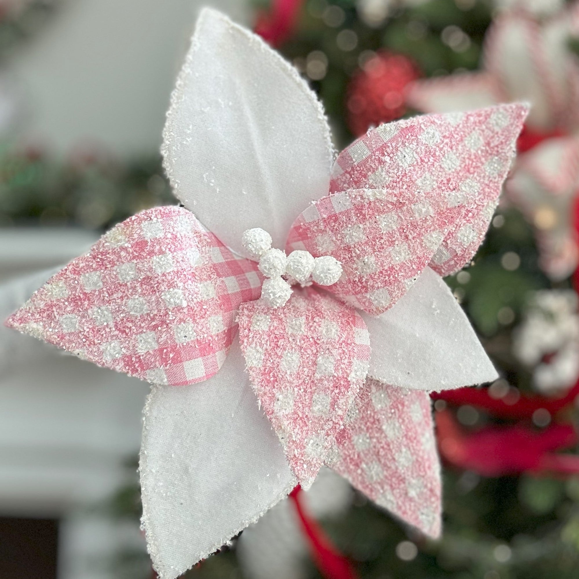 Pink/White Check Poinsettia Pick - My Christmas