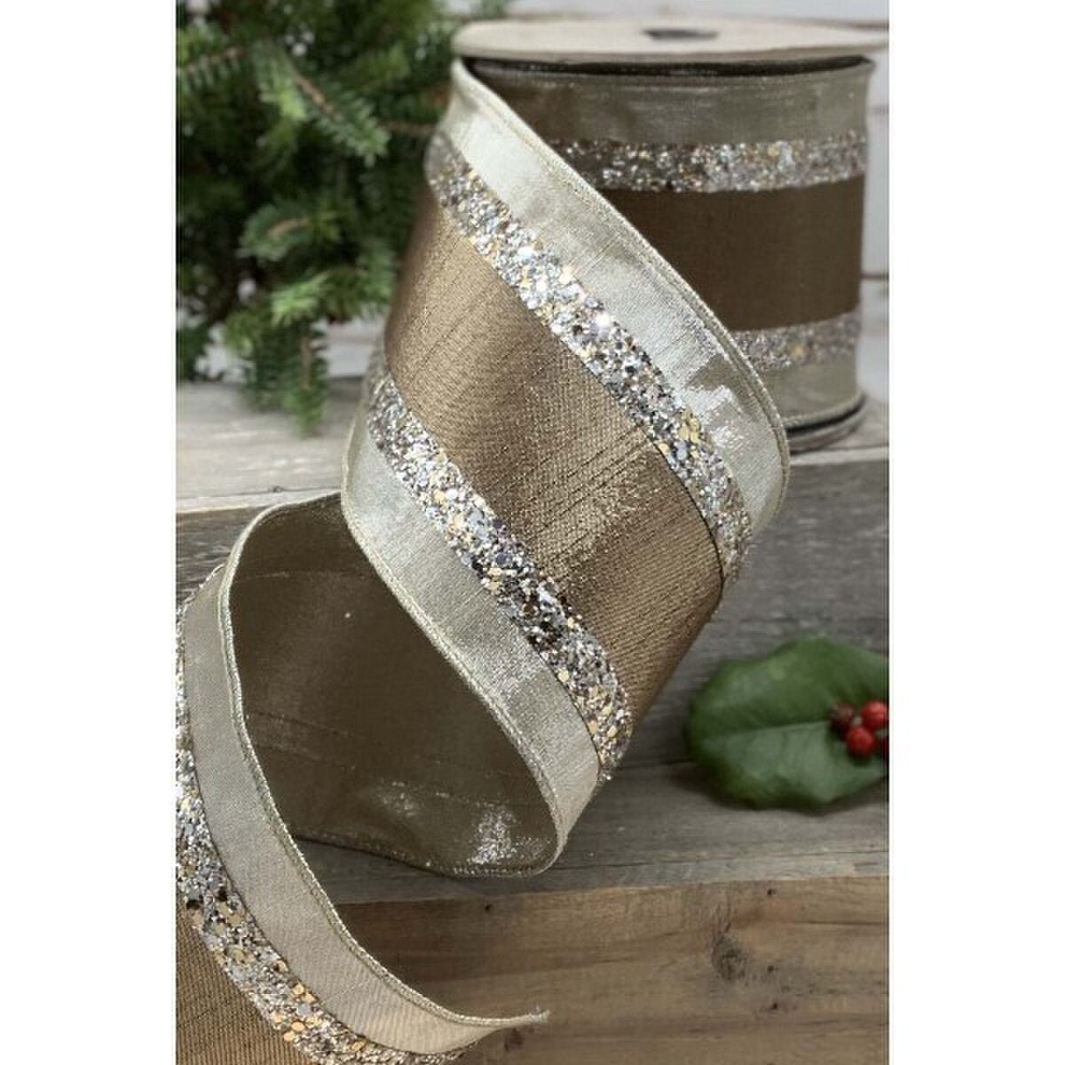 Platinum and Brown Metallic Dupion Ribbon - My Christmas