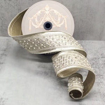 Platinum Metallic Dupion with Pearl and Clear Jewel Center Ribbon - My Christmas
