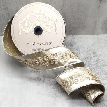 Platinum Sequin Floral Centre on Metallic Dupion Ribbon - My Christmas