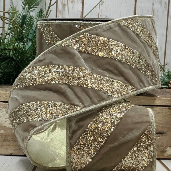 Platinum Velvet Glitter Diagonal Stripe Ribbon - My Christmas