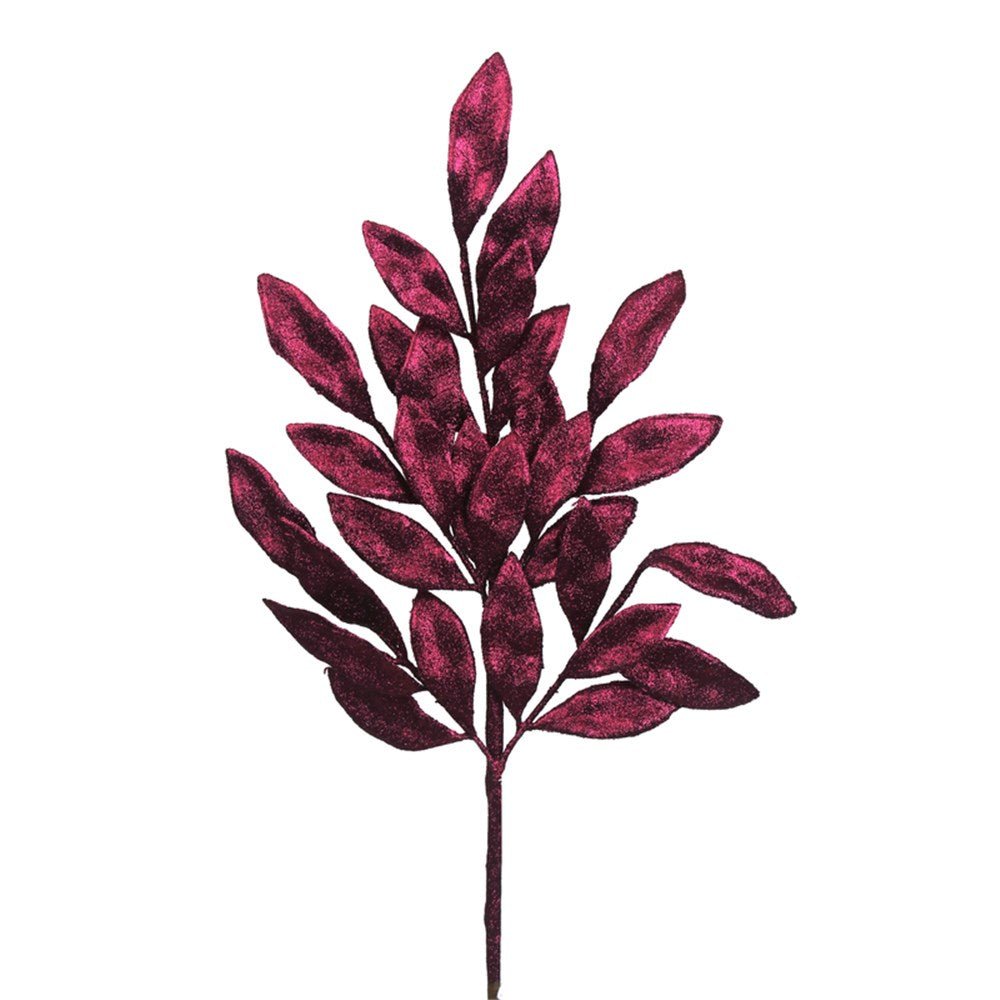 Plum Pink Glitter Bay Leaf Spray - My Christmas