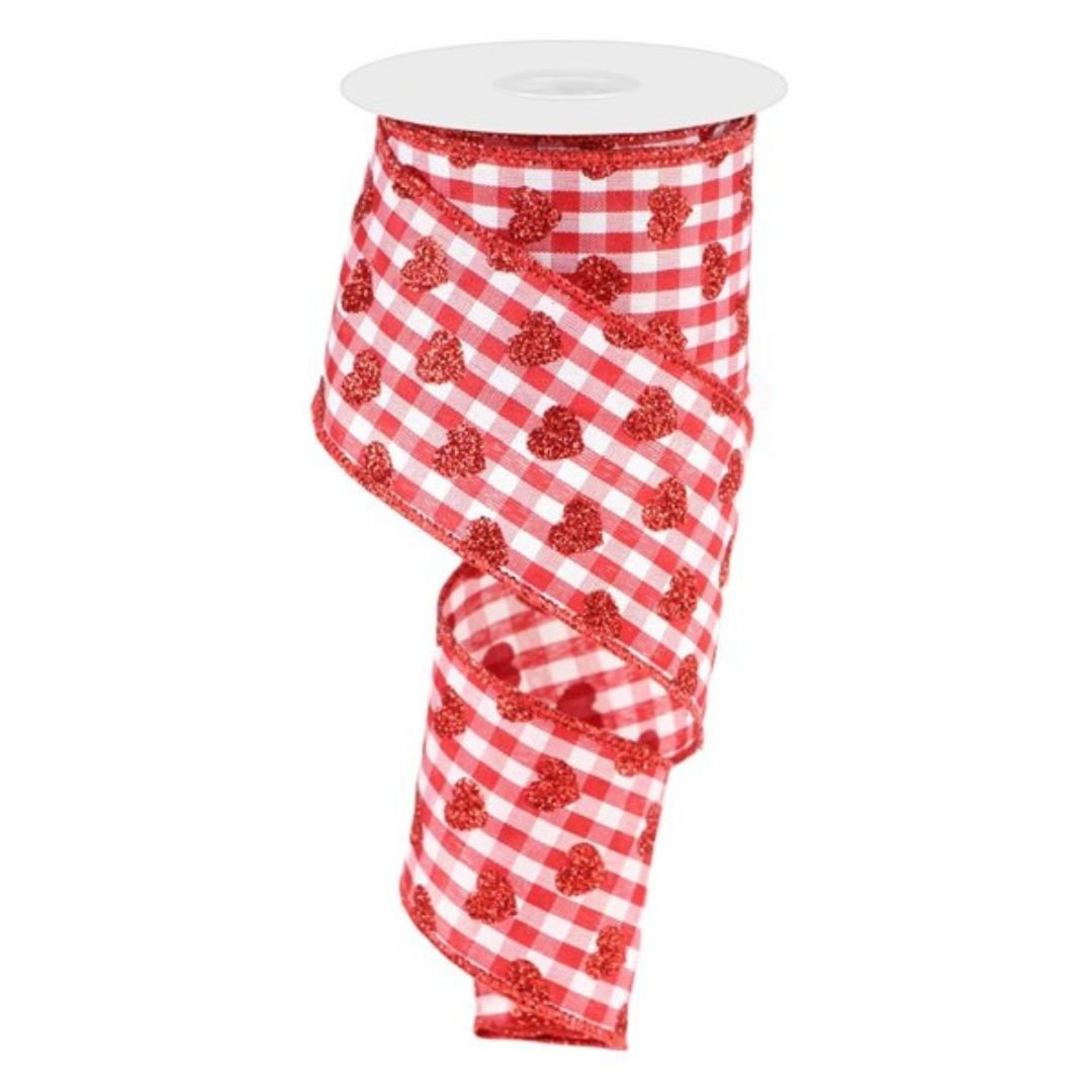 Red and White Glitter Heart Check Ribbon - My Christmas