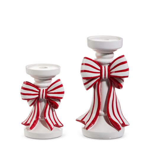 Red And White Stripe Bow Candle Holders - Set of 2 - My Christmas