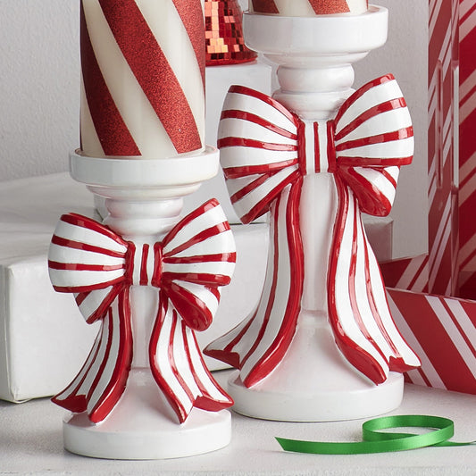 Red And White Stripe Bow Candle Holders - Set of 2 - My Christmas