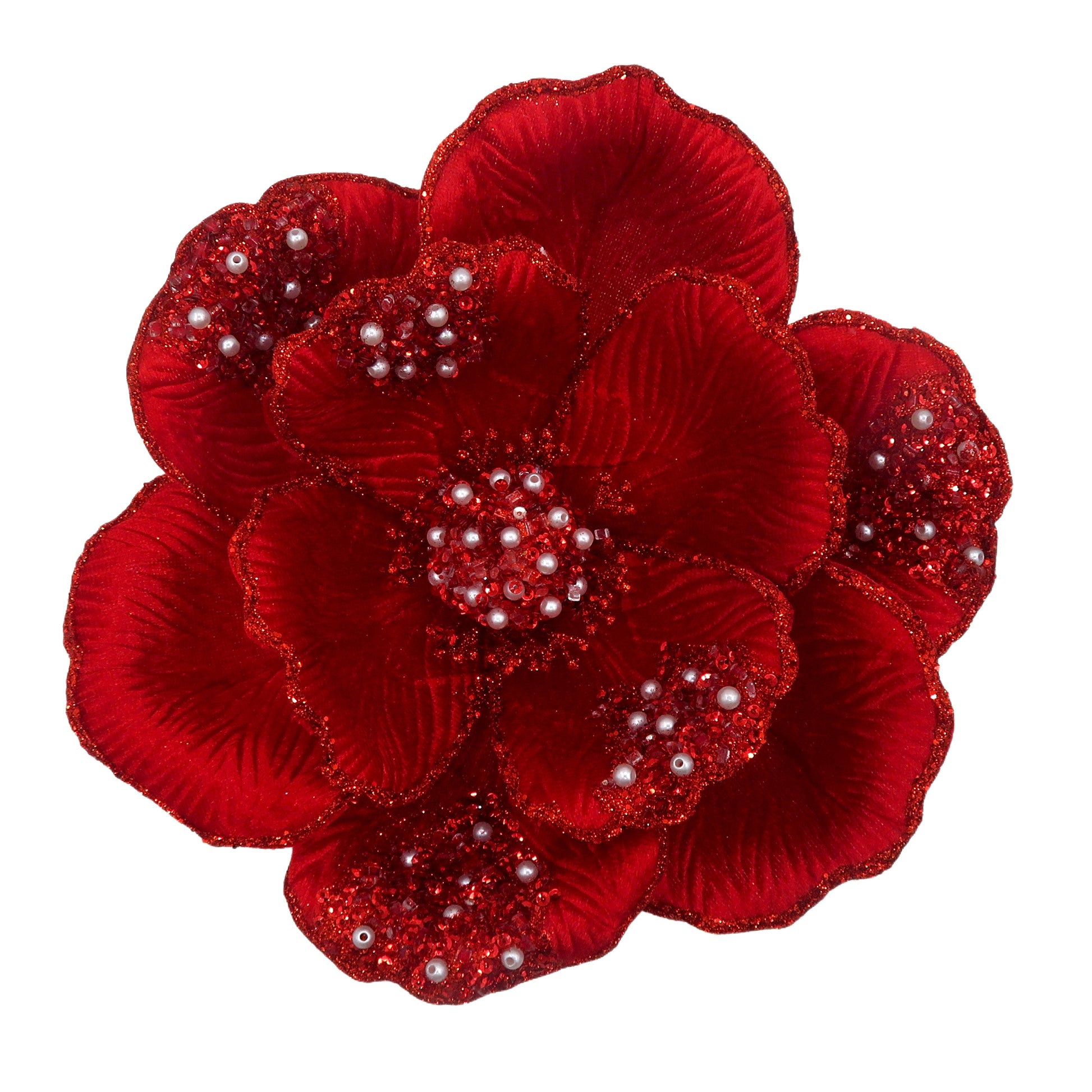 Red Clip-on Magnolia with Beaded Petals - My Christmas