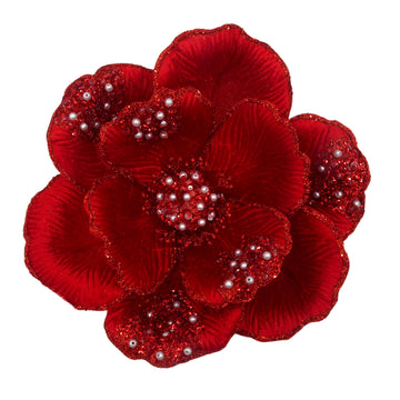 Red Clip-on Magnolia with Beaded Petals - My Christmas