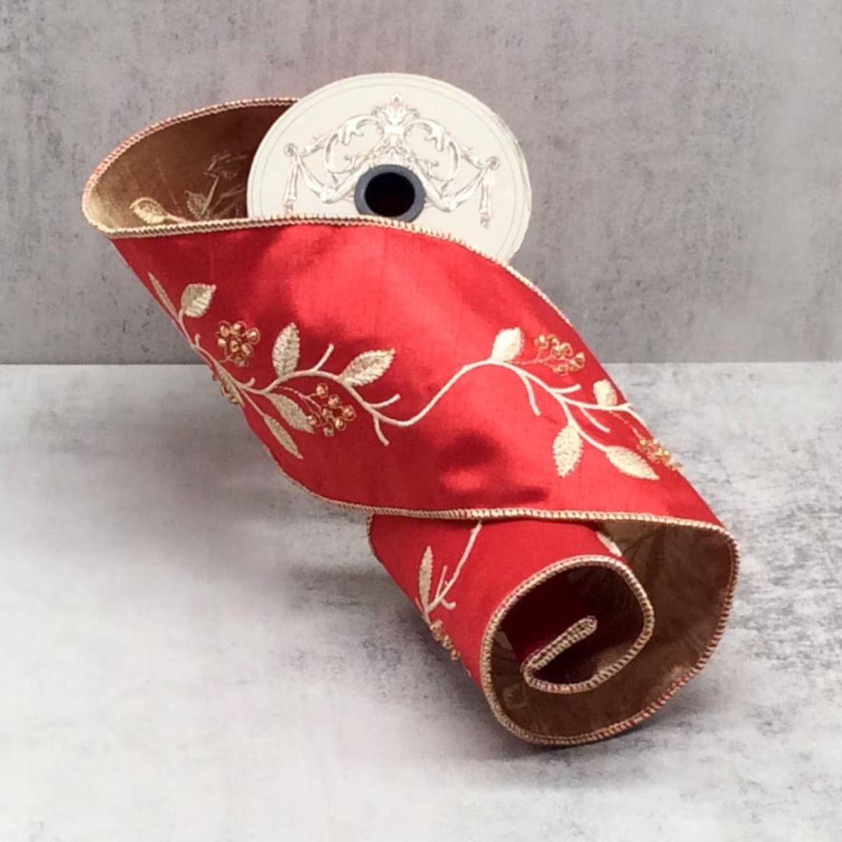 Red Dupion with Gold Embroidery Leaves and Beaded Berries Ribbon - My Christmas