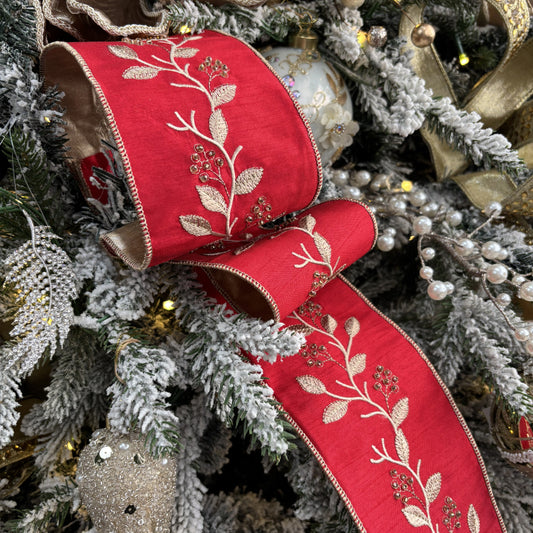 Red Dupion with Gold Embroidery Leaves and Beaded Berries Ribbon - My Christmas