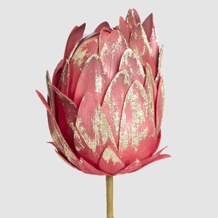 Red Glitter Edged Protea Flower Stem - My Christmas