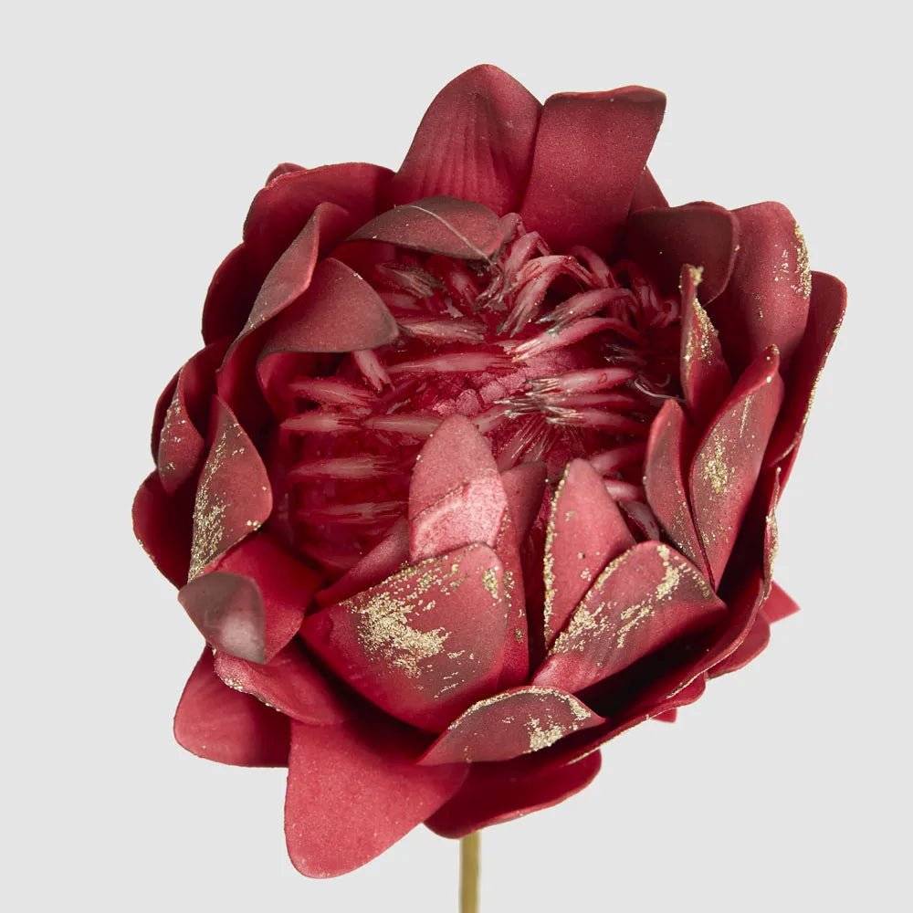 Red Glitter Edged Protea Flower Stem - My Christmas