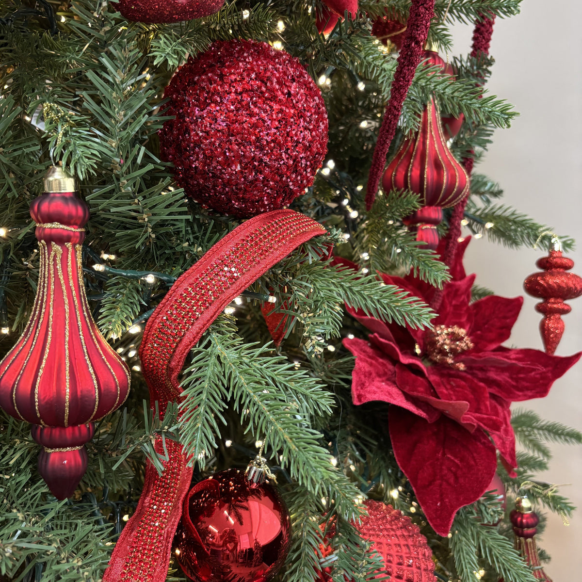 Red Metallic Dupion Duchess with Red Jewel Center Ribbon - My Christmas