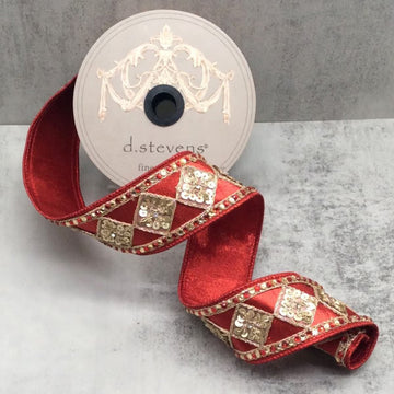 Red Metallic Dupion with Gold Sequin Diamond Center Jewel Ribbon - My Christmas