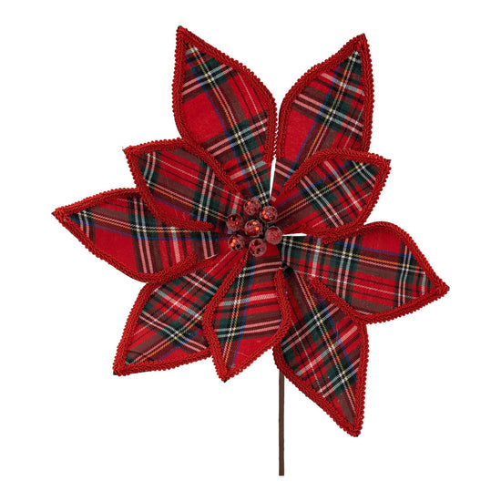 Red Tartan Poinsettia Flower Pick - My Christmas