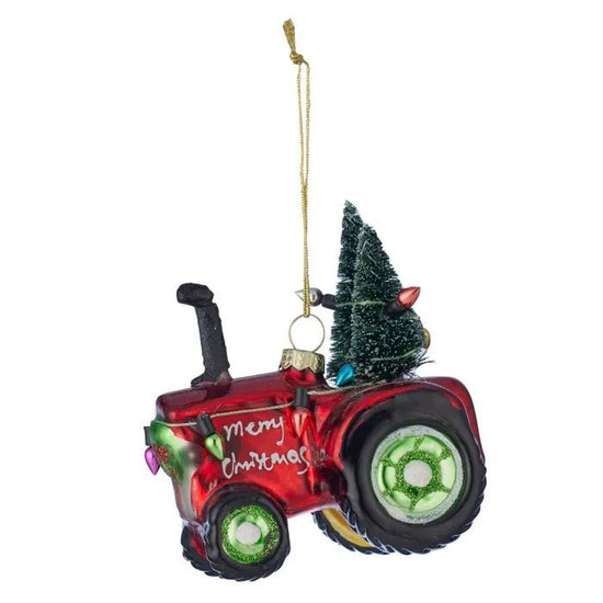 Red Tractor with Tree Glass Ornament - My Christmas