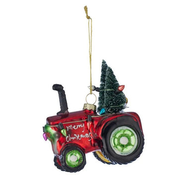 Red Tractor with Tree Glass Ornament - My Christmas