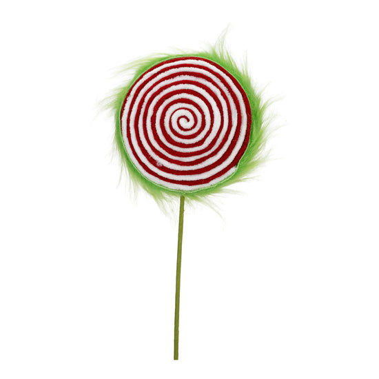 Red White Swirl Green Fluffy Lollipop Pick - My Christmas
