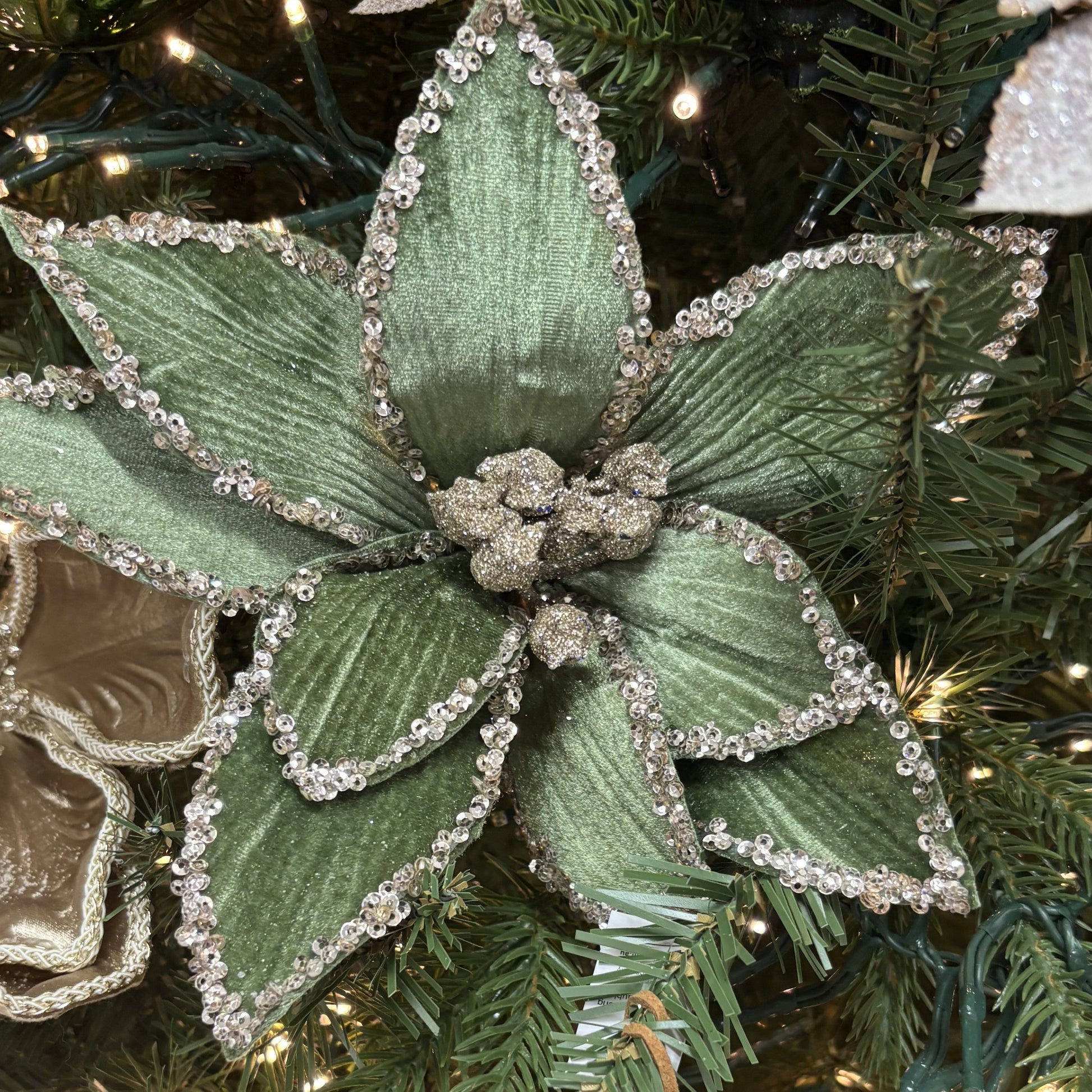 Sage and Champagne Glitter Poinsettia with Clip - My Christmas