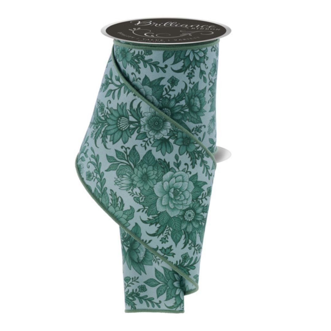 Sage Chinoiserie Floral Ribbon - 10cm wide - My Christmas