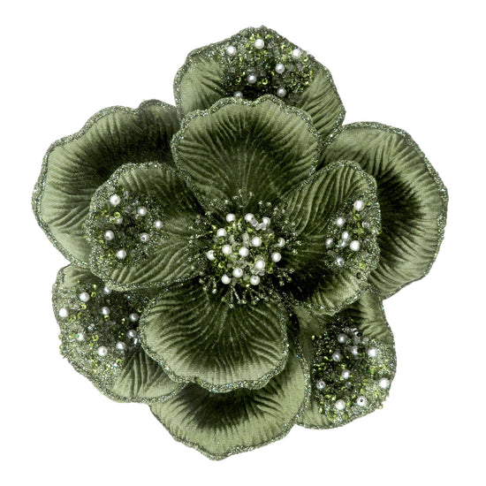 Sage Clip-on Magnolia with Beaded Petals - My Christmas
