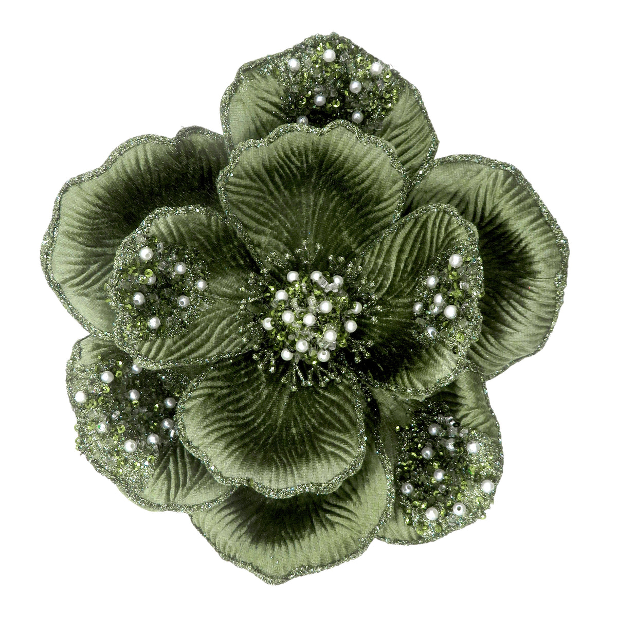 Sage Clip-on Magnolia with Beaded Petals - My Christmas